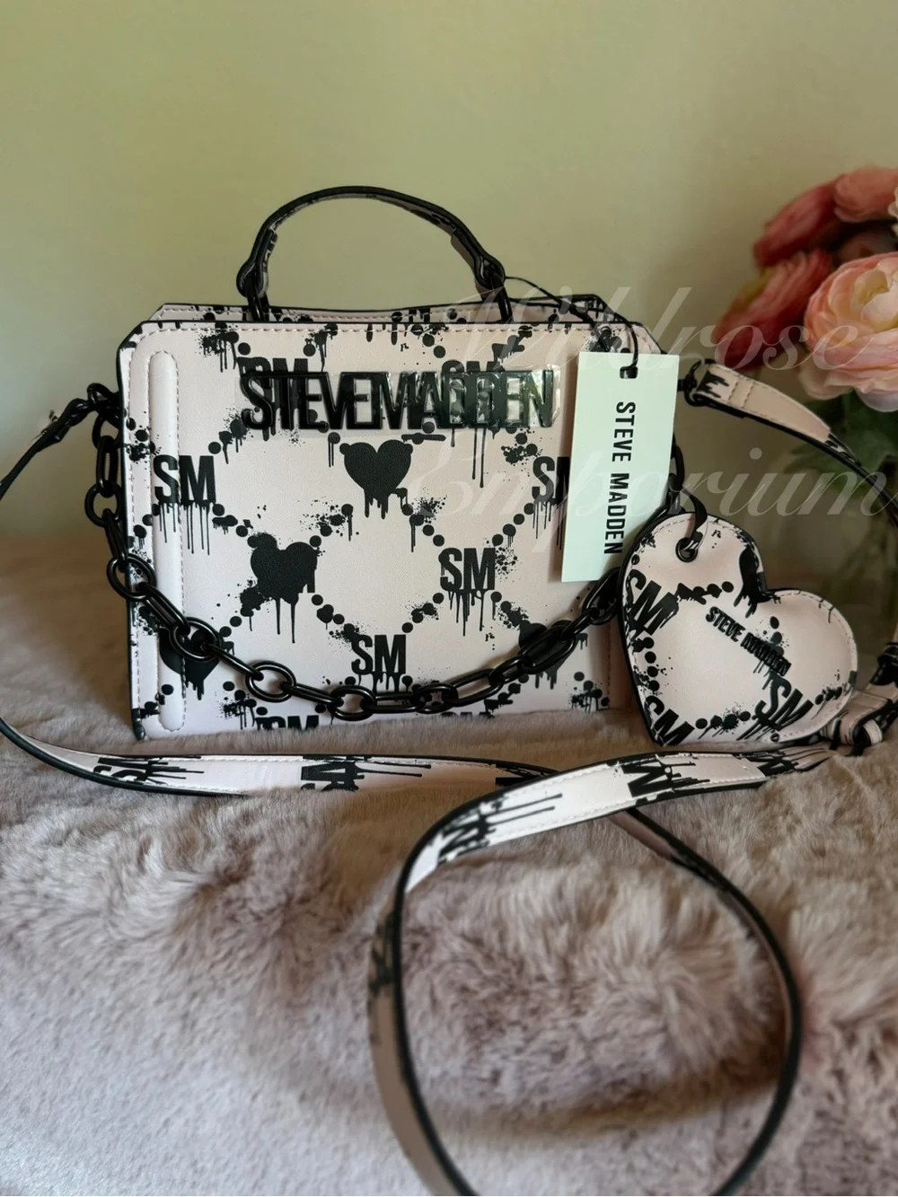 NWT - Rare Steve Madden Bevelyn Blood Drip Heart Print Satchel pink black goth
